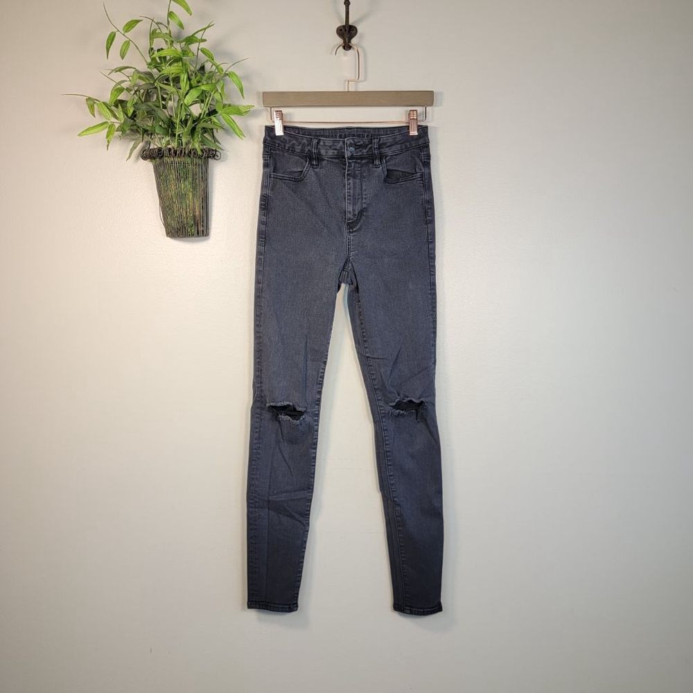 American Eagle Jeans Super Hi Rise Jegging Skinny Distressed Faded Black AE 8 L
